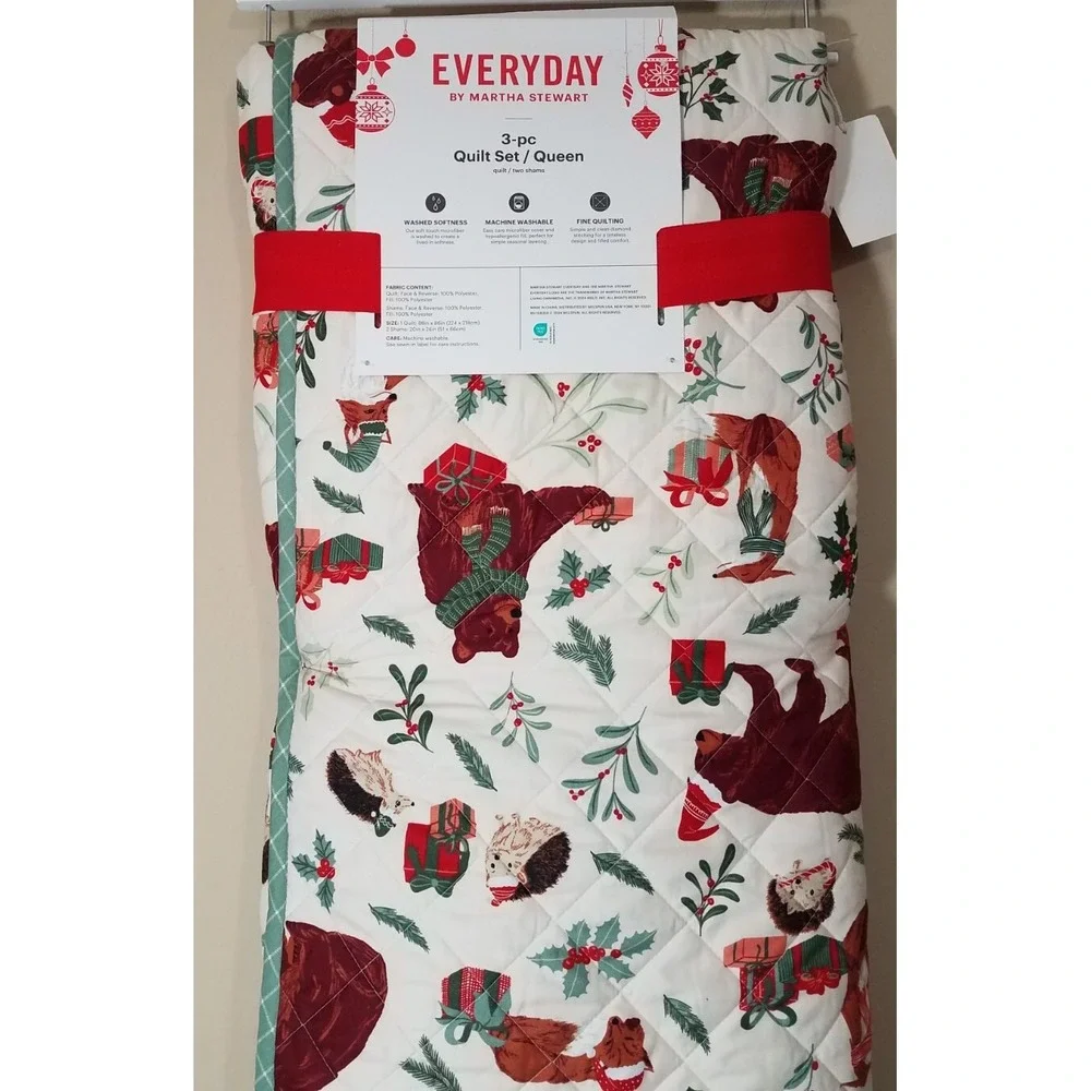 Martha Stewart Christmas Woodland FULL/QUEEN SIZE Reversible Quilt 3 pc‎ Set NEW